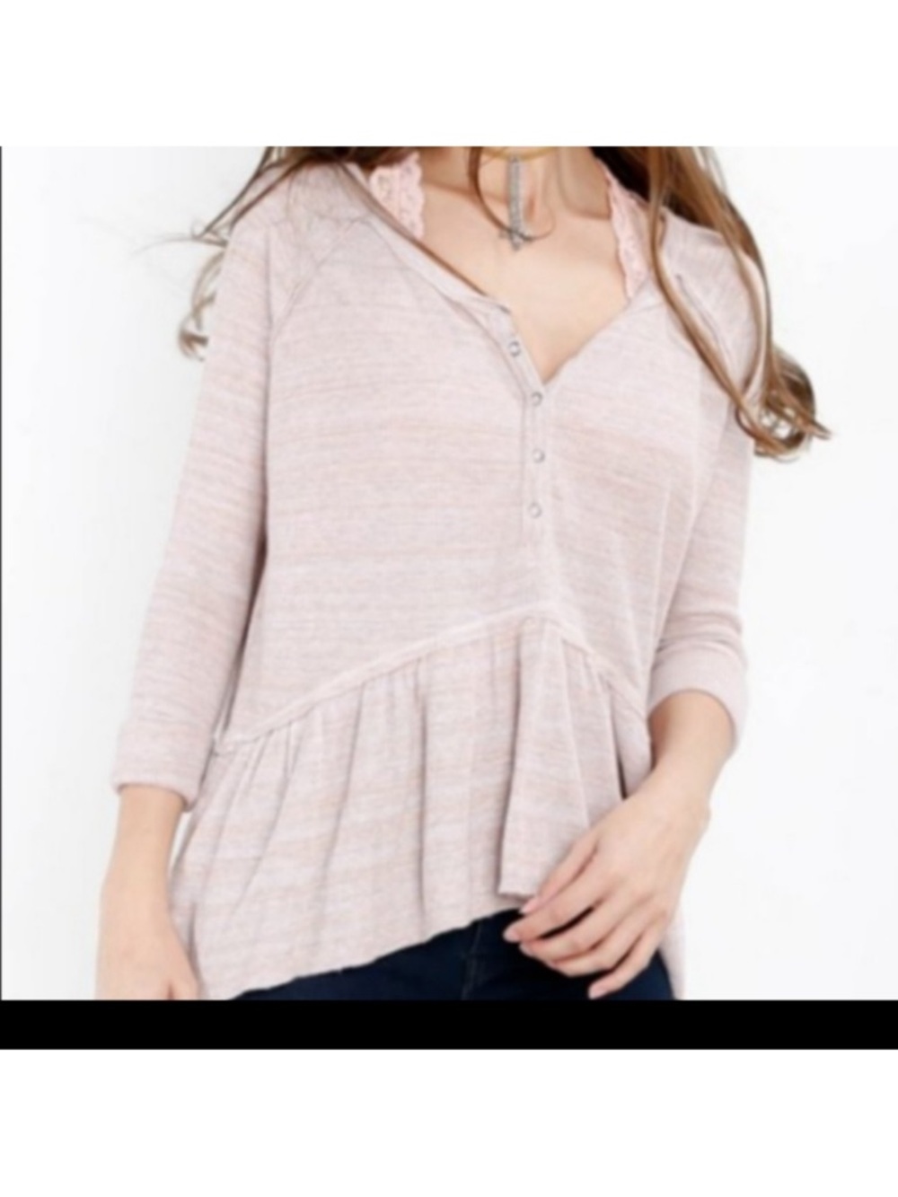 Free People Coastline Henley Peplum Thermal Top Button Front Boho Long Sleeve